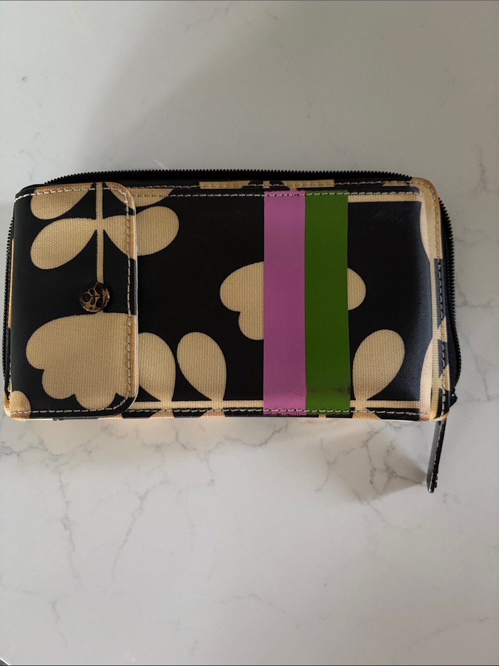 Black Floral Wallet with Pink & Green Stripe and phone holder BY ORLA KIELY